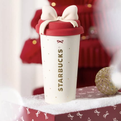 Starbucks 2025 China Christmas White Bow Lid 15oz SS Tumbler