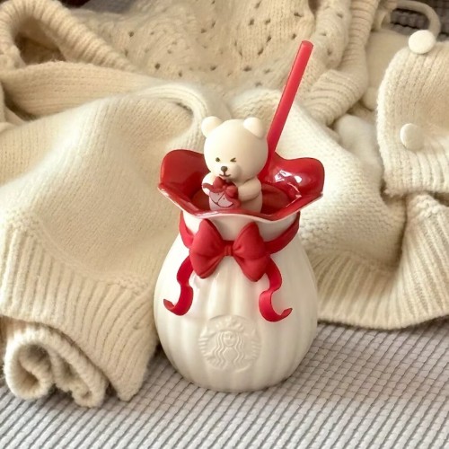 Starbucks 2025 China Christmas Gift Cute Bear Vase 14oz Straw Mug with Topper