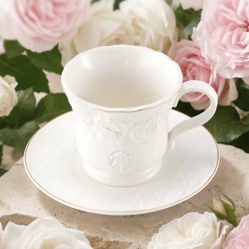 Starbucks 2026 China Kaleidoscope Rose White Relief 9oz Mug with Coaster