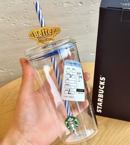 Starbucks 2026 China Blue Denim 20oz Glass Cup with Topper 