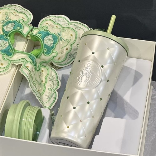 Starbucks 2026 China Spring Fresh Green White Diamond SS Tumbler with 2 Lids and Gift Box