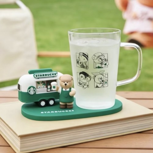 Starbucks 2026 China Bear Town 19oz Glass Cup with Coaster 
