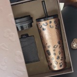 Starbucks 2026 China leopard print ss straw tumbler with two lids and gift box 