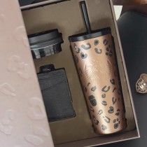 Starbucks 2026 China leopard print ss straw tumbler with two lids and gift box 