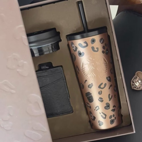 Starbucks 2026 China leopard print ss straw tumbler with two lids and gift box 