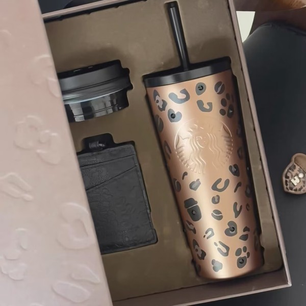 Starbucks 2026 China leopard print ss straw tumbler with two lids and gift box 
