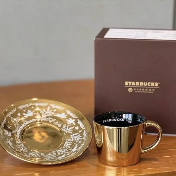 Starbucks 2026 China museum gold color 6oz mug with coaster set 