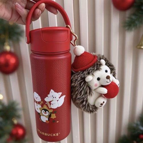 Starbucks 2026 China Christmas red ss tumbler with hedgehog keychain 