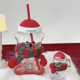 Starbucks 2026 China Christmas Red Hat Scarf Bear Glass Cup with red hat bear keychain ship after 3rd Nov.