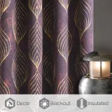Gold Wave Lines Peacock Tail Pattern Printed Velvet Curtain (1 Panel)