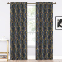 Gold Wave Lines Peacock Tail Pattern Printed Velvet Curtain (1 Panel)