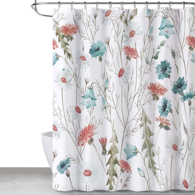Country Flower and Leaves Style Floral Pattern Shower Curtain
