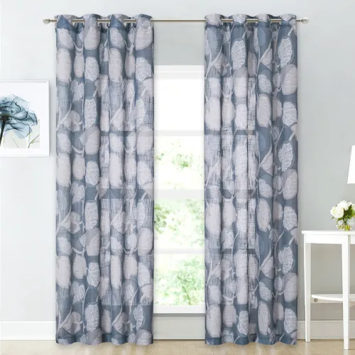 Flower Pattern Linen Textured Semi-Sheer Curtain - 1 Panel
