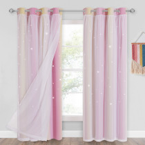 Double Layers Blackout Curtain with White Sheer Layer Overlay Thermal Insulated Layer Gradient Multicolor Stripe