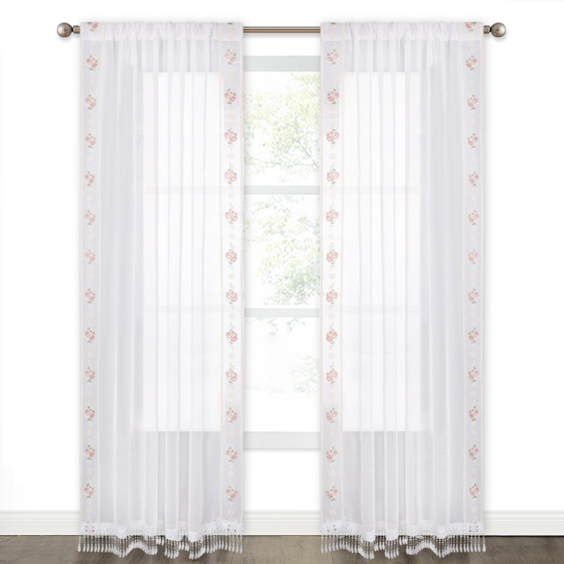 Rose Rassel Tulle Floral with Leaves Pattern Faux Linen Sheer Curtain (1 Panel)