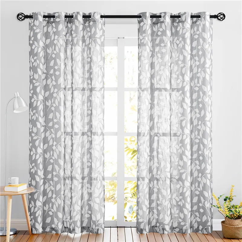 Leaves Printed Pattern Linen Textured Semi-sheer Curtain - 1 Panel