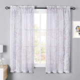 Branch Pattern White Faux Linen Textured Semi-Sheer Curtain (1 Panel)