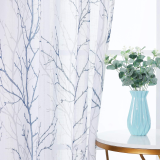 Branch Pattern White Faux Linen Textured Semi-Sheer Curtain (1 Panel)