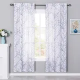 Branch Pattern White Faux Linen Textured Semi-Sheer Curtain (1 Panel)