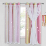 Double Layers Blackout Curtain with White Sheer Layer Overlay Thermal Insulated Layer Gradient Multicolor Stripe