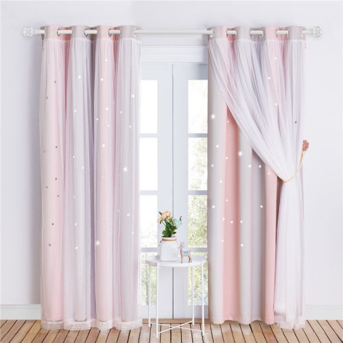 Double Layers Blackout Curtain with White Sheer Layer Overlay Thermal Insulated Layer Gradient Multicolor Stripe