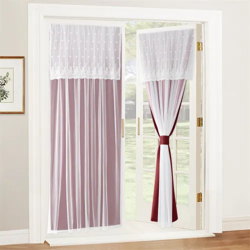Tricia Door Curtains Set 2 Layers Sheer Curtain Attached on Blackout Panel Room Darkening French Door Window Treatment
