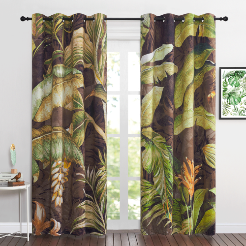 Custom Blackout Curtain Hand Painted Banana Leaves Thermal Insulated Drapes ( 1 Panel )