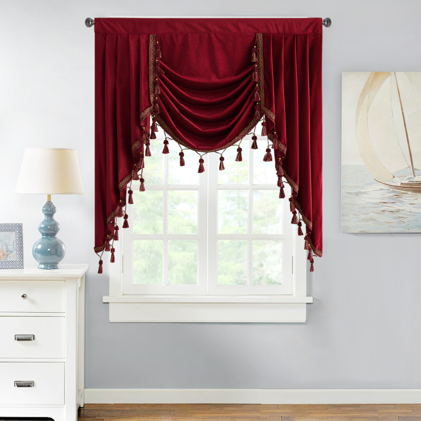 Half Velvet Window Tier Curtain with Tassel Tailored Scalloped Valance / Swag ( 1 Panel )