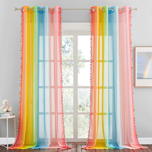 Custom Rainbow Pattern Printed Voile Sheer Curtain Kids Blackout Curtain with Colored Balls ( 1 Panel )
