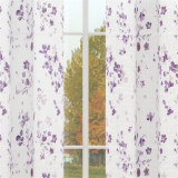 Linen Textured Window Curtain with Purple Flower Pattern for Bedroom