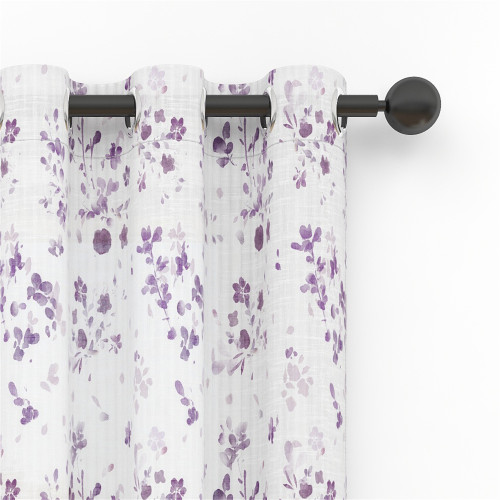 Linen Textured Window Curtain with Purple Flower Pattern for Bedroom