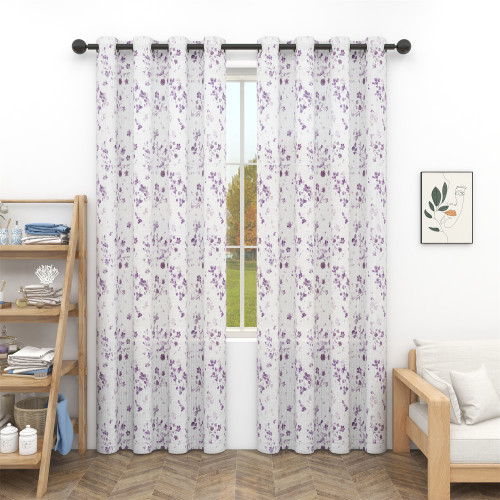 Linen Textured Window Curtain with Purple Flower Pattern for Bedroom