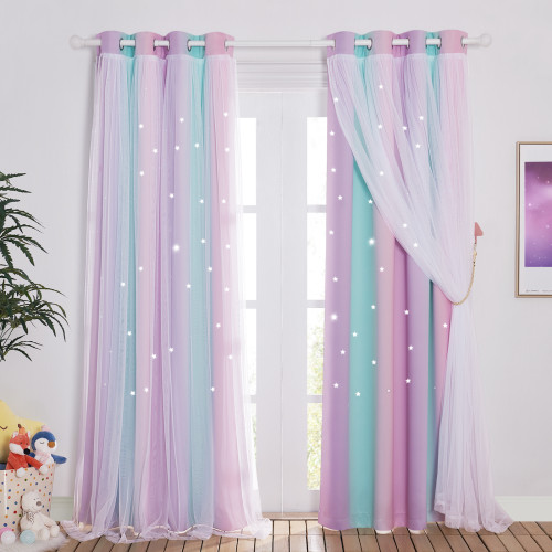 Custom Ombre Multicolor Stripe Double Layers Blackout Curtain with White Sheer Layer Overlay Thermal Insulated Layer / Star Cut Blackout Curtain ( 1 Panel )