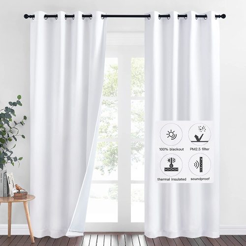 4 Layers Lower PM2.5 Particles Effectively,100% Blackout Soundproof Curtain(2 Layers of Blackout Fabric & 1 Layer of Sound Absorbent Cotton& 1 Layer of Melt-Blown Cloth)（1 Panel)