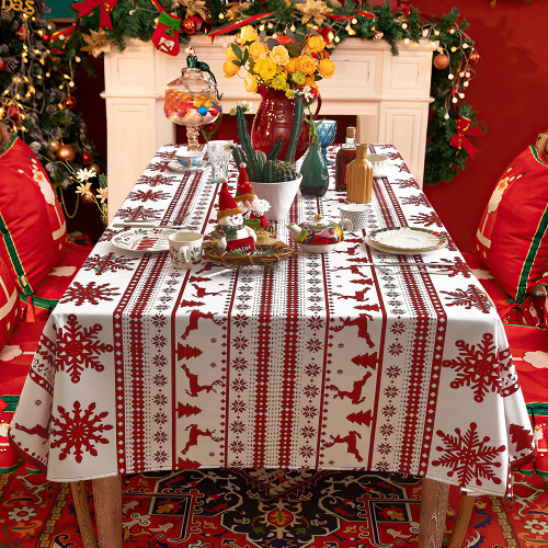 RYB HOME 1 Panel Christmas Day Red Tablecloth Elk Celebration Tablecloths Waterproof Wear-resistant