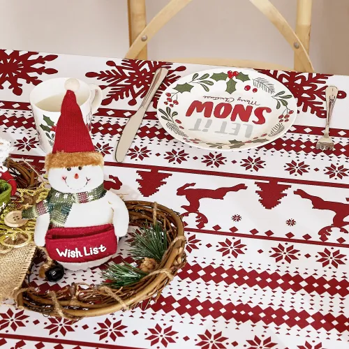 1 Panel Christmas Day Red Tablecloth Elk Celebration Tablecloths Waterproof Wear-resistant