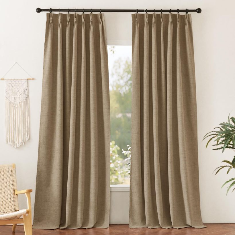 RYB HOME 1 Panel Linen Textured 100% Blackout Curtains Pinch Pleated & Back Tab Drapes Privacy Thermal Insulating for Living Room Kitchen Dining Bay Window