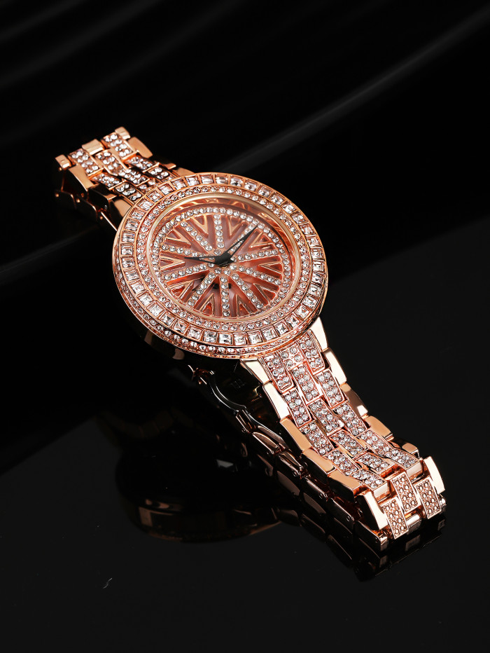 Womens Super Full Zircon Star Watch Stainless Steel Strap(Rose Gold/White Gold )