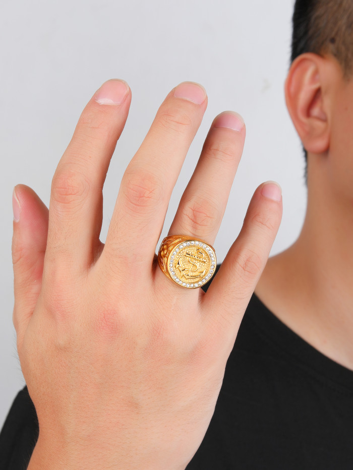 AED 45.0 Power of Man Powerful Hand Carved Nautical Charm Aerospace Steel Gold Ring For Man Colorfast www.duzai jewelry