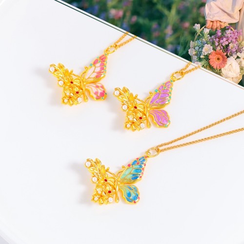 24K Yellow Gold Plated Tri-Color Enamel Butterfly Necklace