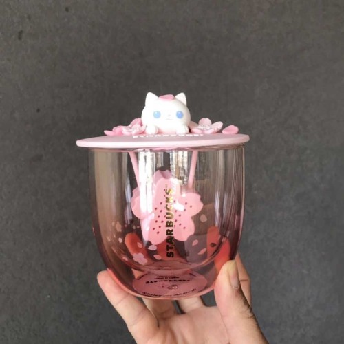 2020 China Sakura Pink Cute kitten 14oz Double Wall Glass Cup