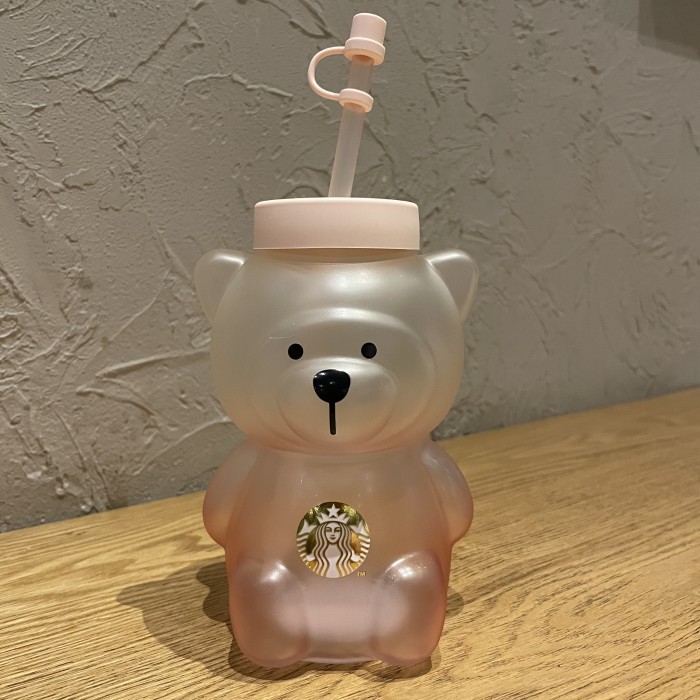 2021 China Sakura Pink Kitty bear headgear 19oz Matte glass straw cup