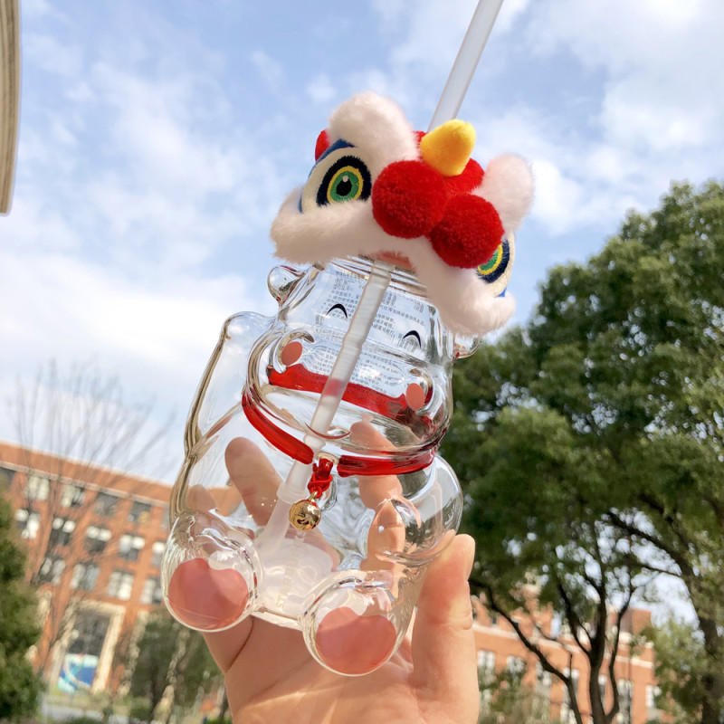 2021 Chinese New Year Lion dance glass straw cold water cup