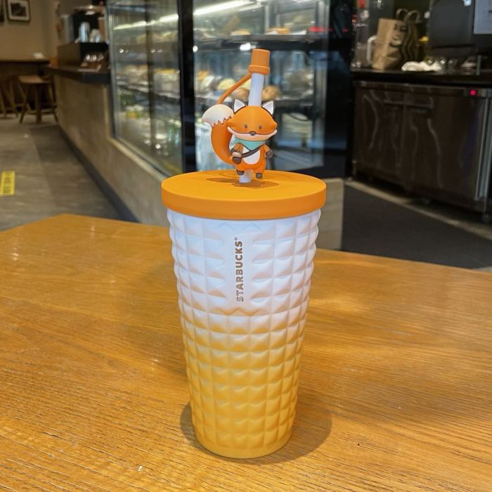 2021 Autumn Yellow white diamond Fox Topper 16oz Stainless steel straw cup