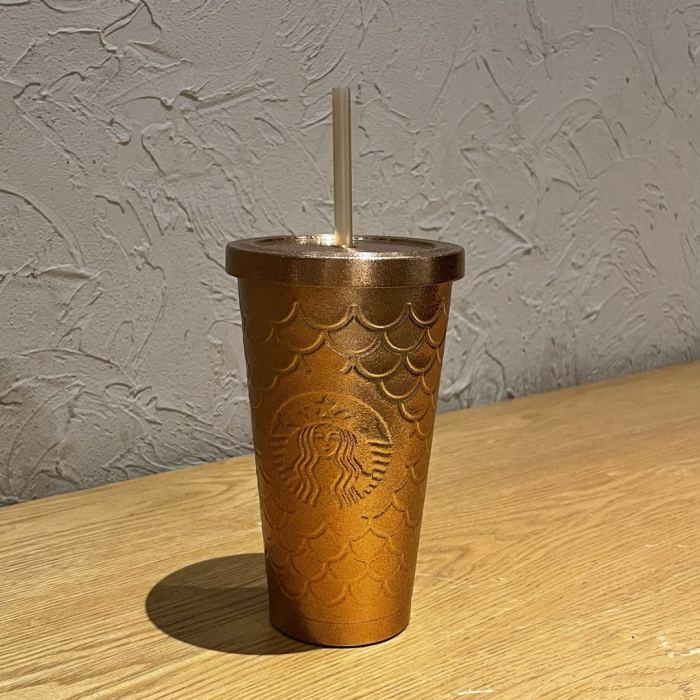 2021 China Autumn Shiny Gold Fish scale pattern 16oz Stainless steel straw cup