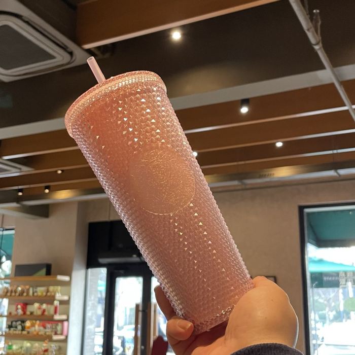 New 2023 Starbucks China Sakura Pink Glitter Studded Cold Cup Tumbler 24oz