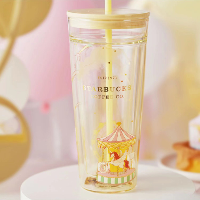 2022 China Summer Yellow amusement park unicorn 20oz Double wall glass straw cup