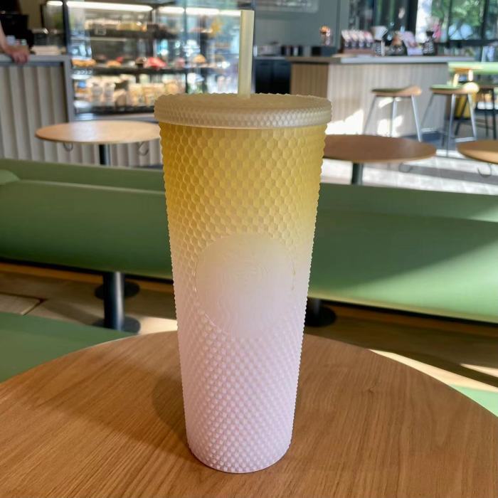 Yellow Starbucks Inspired Cup Studded Double Wall Tumbler With Lid