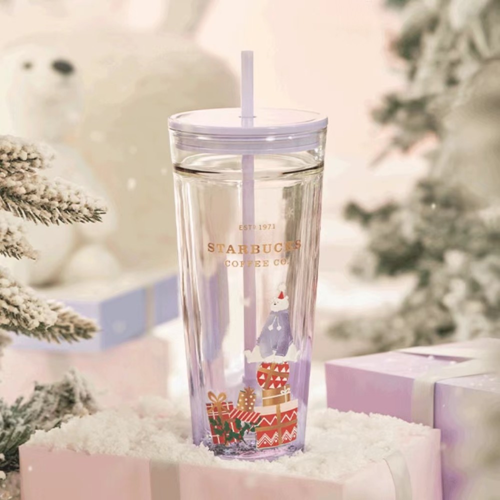 2023 China Tumbler Purple Winter Polar Bear 20oz Double wall glass straw cup