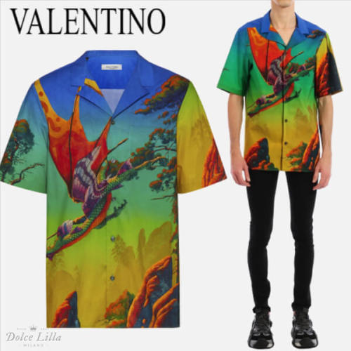 VALENTINO ヴァレンティノ Tシャツ コピー VALENTINO DRAGON AT DAWN PRINT SHORT-SLEEVED SHIRTTV0AA77165S84M